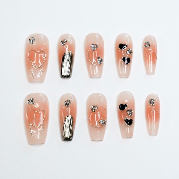 tipsy | Handmade Press On Nails | Coffin Medium | Little Black Hearts - Picture 14 of 16